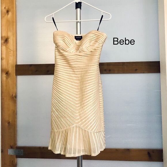 BEBE Cream Strapless BodyCon Mermaid Ruffle Tulle Satin Ribbon Mini Gown Sz S - Picture 2 of 8